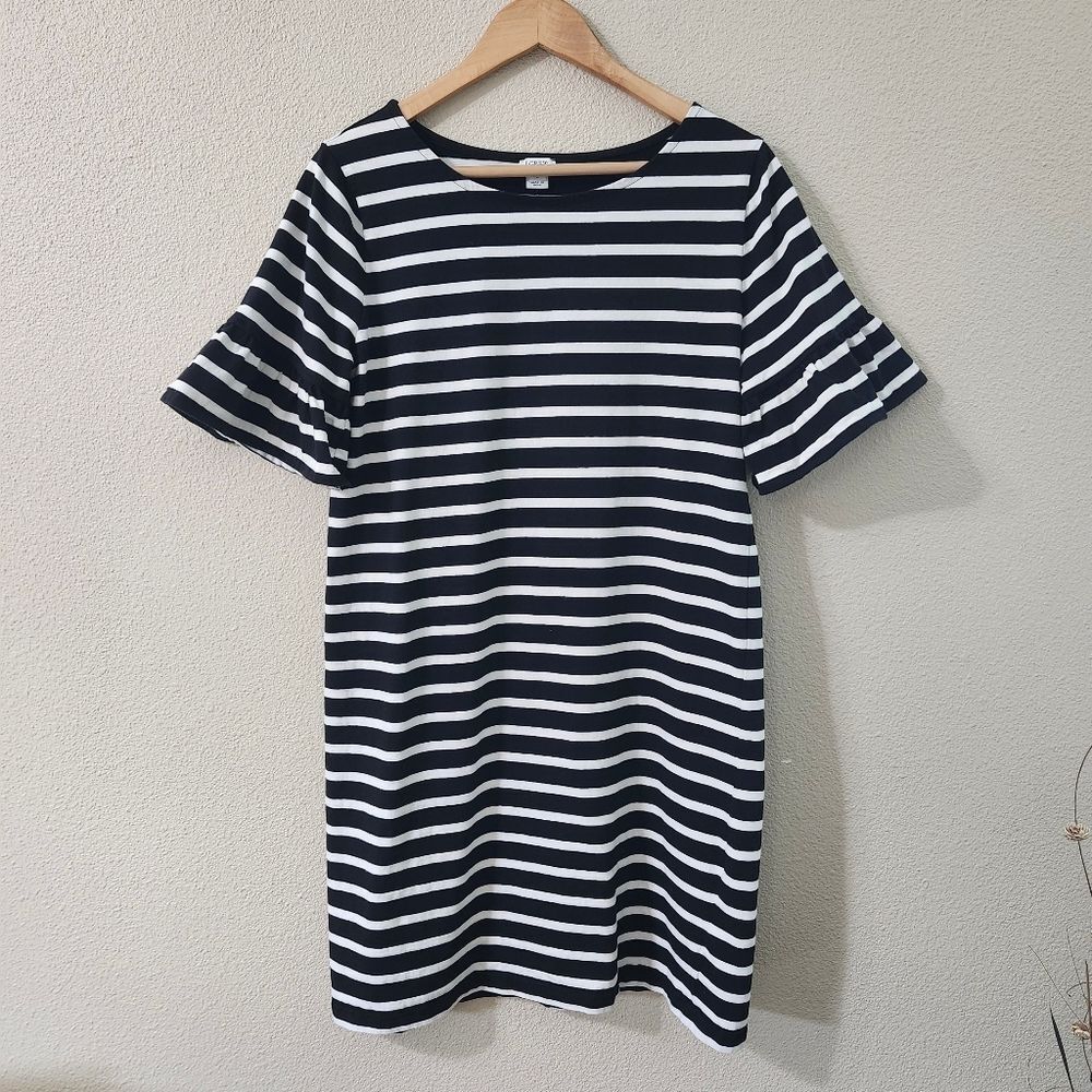 J.Crew Black and White Striped Ruffle Sleeve Midi Shirt Dress